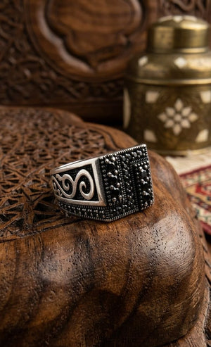 Black Stone Square Ring for Men | 925 Silver Royal Designer Ring Silveradda