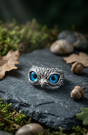 925 Sterling Silver Owl Eyes Ring with Blue Stone – A Bold Symbol of Wisdom & Style