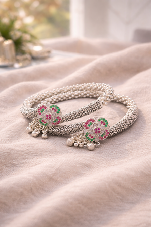 925 Sterling Silver Floral Anklet Kada with Ghungroo – Traditional Payal for Women | Silveradda