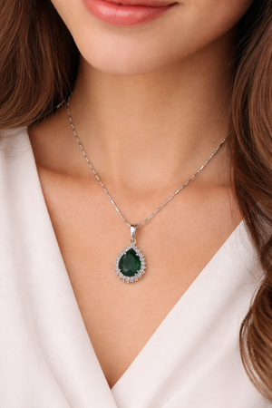 925 Sterling Silver Pear-Cut Royal Green Emerald Halo Pendant Silveradda