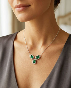 925 Sterling Silver Triple Emerald-Cut Green Stone Halo Necklace Silveradda