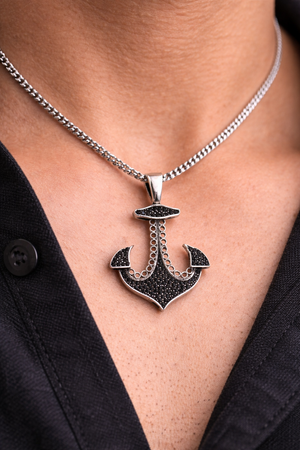 Anchor Silver Pendant for Men with Black Stones | Silveradda