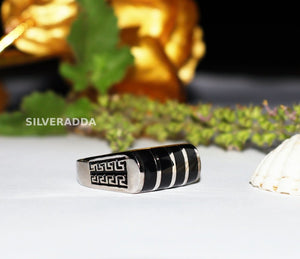 Silver men ring – Greek Key Pattern with Black Stripes | Silveradda