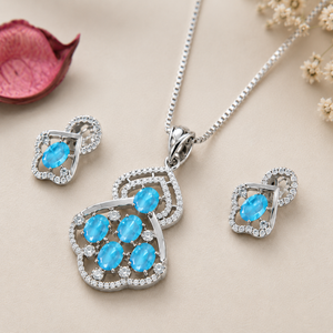 Blue Crystal Silver Necklace Set | Pure Silver Chain Pendant Set By Silveradda