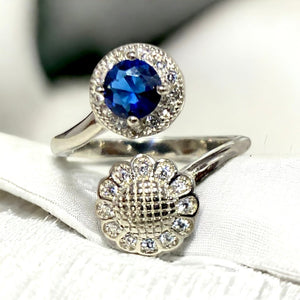 Blue Stone Silver Ring For Women's | 925 Silver Flower Adjustable Ring | Silveradda