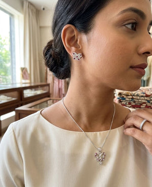 Butterfly Ruby Necklace Set with Pendant & Stud Earrings  Silveradda