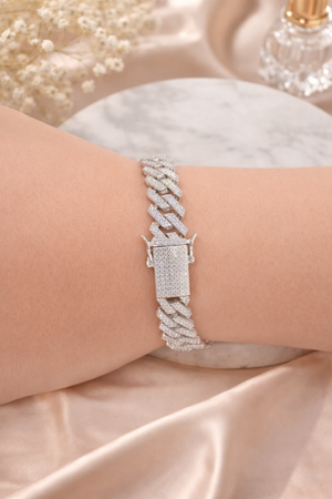 925 Sterling Silver Iced Out Cuban Link Bracelet for Men | Silver Cuban Bracelet with Diamonds