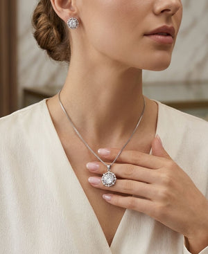 Classic Round Halo CZ Silver Necklace Set with Earrings | Silveradda