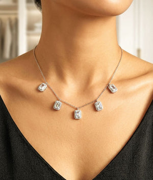 Emerald Cut Diamond Halo Necklace in 925 Silver | Silveradda