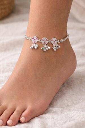 Floral Pink Stone Silver Anklet for Women | Traditional Ghungroo Payal | Silveradda