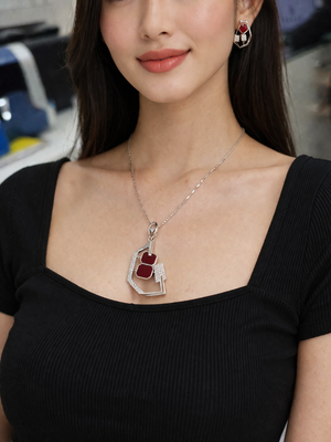 Geometric Red Stone Pendant Necklace Set with Earrings | Silveradda