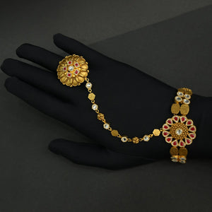 Gold Plated Hathphool with Red & White Stones | Silveradda
