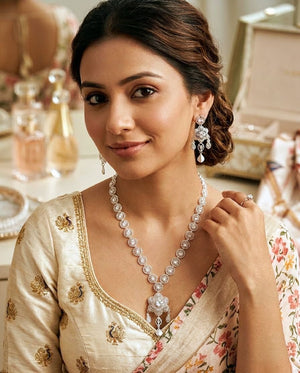 Graceful Floral Silver Necklace Set with Dangling Earrings | Silveradda
