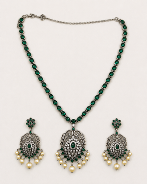 Green Stone Pearl Drop Necklace Set for Women | Silveradda
