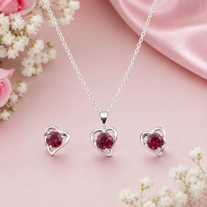 Heart Silver Necklace For Womens | 925 Silver Red Stone Pendant Chain Set