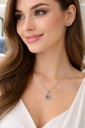 Pink Stone Round Pendant Necklace Set with Earrings | Silveradda