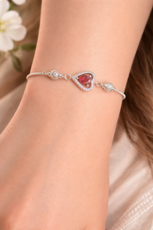 Romantic Heart Design Red Stone Silver Bracelet for Women | Silveradda