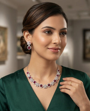 Ruby Red Floral Silver Necklace Set with Earrings | Silveradda