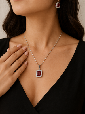 Ruby Red Stone Silver Necklace Set with Halo CZ Design | Silveradda