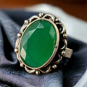 925 Sterling Silver Oval Green Stone Ring | Oxidized Vintage Ring – Silveradda