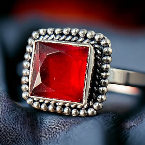 925 Sterling Silver Square Red Stone Ring | Oxidized Silver Ring – Silveradda