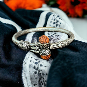 925 Sterling Silver Lord Shiva Trishul Kada with Rudraksha | Bahubali Kada – Silveradda