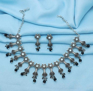 Silver Choker Necklace | Black Stone&amp;Pearl Necklace Earrings Set