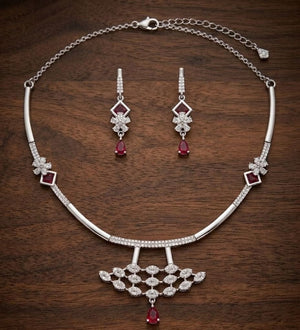Silver Floral CZ Necklace Set with Red Pear-Shaped Stone Drops | Silveradda