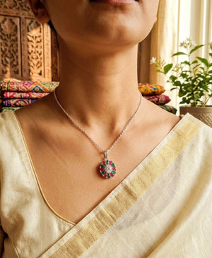 Silver Floral Pendant Necklace with Pink & Green Stones | Silveradda