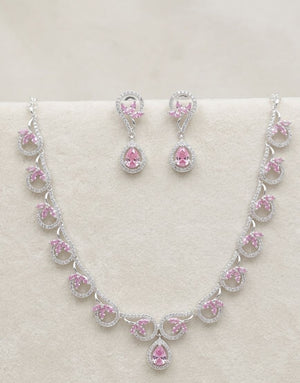 Silver Pink Stone Designer Necklace Set for Women Floral Design | Silveradda