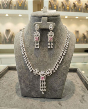 Pink Stone Designer Necklace Set with Tassel Earrings for Women | Silveradda