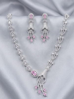 Silver Pink Stone Necklace Set with Tassel Earrings for Women | Silveradda