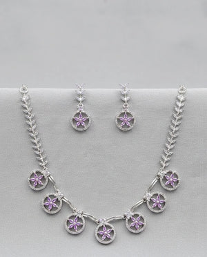 Silver Purple Floral Halo Necklace & Earrings Set | Silveradda