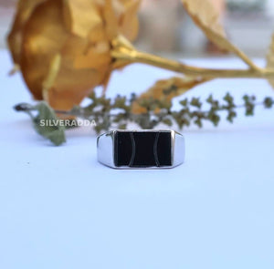 Silver Ring For Men's | Rectangle Shape Black Plate Design Ring