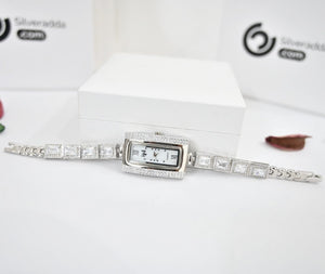 Silver White Diamond Rectangle Shape Watch For Womens | 925 Silver Women Watch