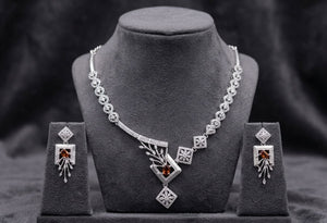 Silver White Red Stone Geometric Designer Necklace Set with Earrings | Silveradda