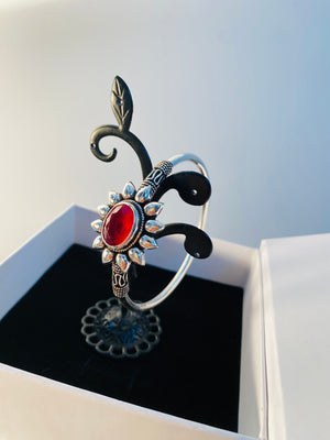 Silver Kada For Women With Flower Red Stone Design | 925 Silver Kada For Girls Silveradda