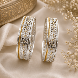 Single Set of Ladies Silver Bangle, Floral Pattern Ladies bangle for Women silveradda