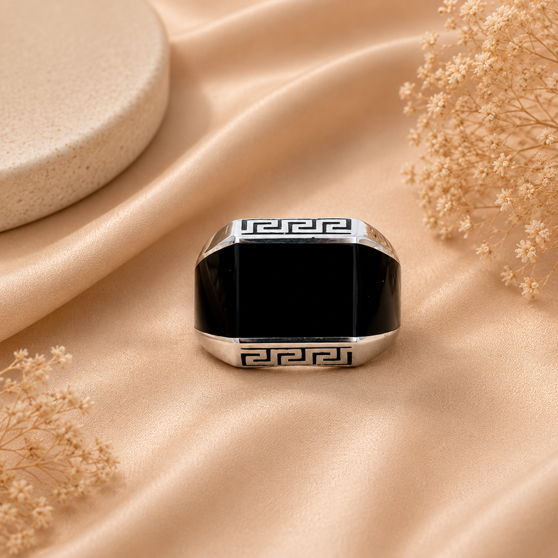 Stylish Black Versace Design Silver Ring for Men