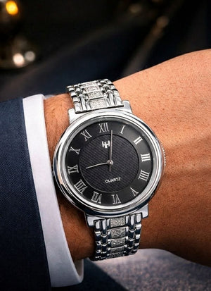 Classic Silver Metal Watch for Men | Black Roman Dial Silveradda
