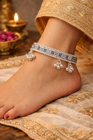Traditional 925 Silver Blue Stone Payal Anklet with Ghungroo Charms – Silveradda
