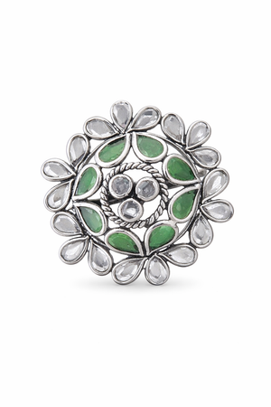 Floral Green Stone Adjustable Silver Ring for Women | Silveradda
