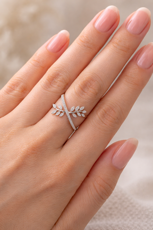 925 Sterling Silver Leaf Branch Ring with CZ Stones for Women | Silveradda