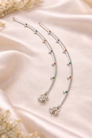 Multicolor Enamel Silver Payal with Tiny Bell Charm for Women | Silveradda