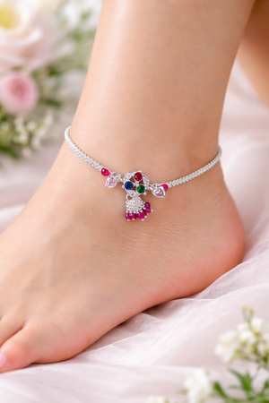Elegant Multicolor Stone Silver Anklet with Dangling Beads for Women | Silveradda