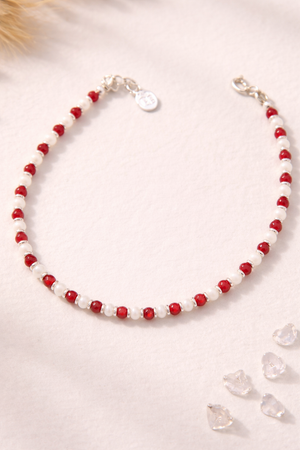 Red White Beaded Anklet for Women | Minimal Silver Payal | Silveradda