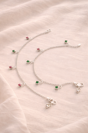 Stylish Green Pink Stone Silver Anklet for Women | Lightweight Charm Payal | Silveradda