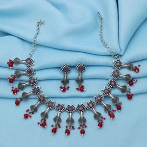 Choker Silver Necklace Earrings | 92.5 Silver Red Pearl Design Set
