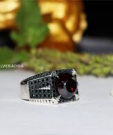 Elegant Red Ruby and Black Stones 925 Silver Ring for Men