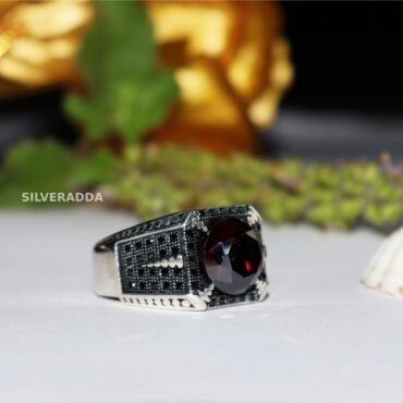 Elegant Red Ruby and Black Stones 925 Silver Ring for Men